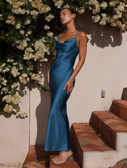 Momyraise Brautjungfern Kleider Satin Enges Rückenfrei Spaghettiträger Schlinge Ärmellos Elegant Damen Abend Ball Maxikleid