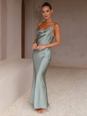 Momyraise Brautjungfern Kleider Satin Enges Rückenfrei Spaghettiträger Schlinge Ärmellos Elegant Damen Abend Ball Maxikleid