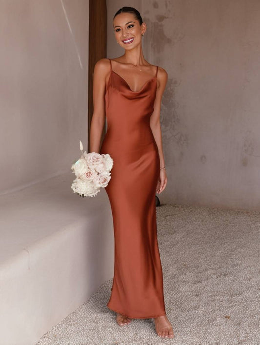 Momyraise Brautjungfern Kleider Satin Enges Rückenfrei Spaghettiträger Schlinge Ärmellos Elegant Damen Abend Ball Maxikleid