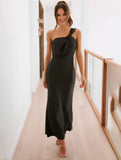 Momyraise Brautjungfern Kleider Schlank Satin Bandeau One Shoulder Elegant Ball Ferien Damen Maxikleid