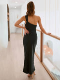 Momyraise Brautjungfern Kleider Schlank Satin Bandeau One Shoulder Elegant Ball Ferien Damen Maxikleid