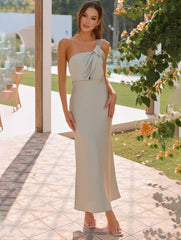 Momyraise Brautjungfern Kleider Schlank Satin Bandeau One Shoulder Elegant Ball Ferien Damen Maxikleid