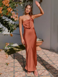 Momyraise Brautjungfern Kleider Schlank Satin Bandeau One Shoulder Elegant Ball Ferien Damen Maxikleid