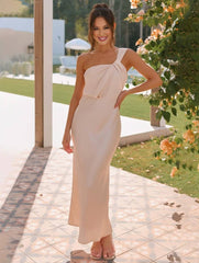 Momyraise Brautjungfern Kleider Schlank Satin Bandeau One Shoulder Elegant Ball Ferien Damen Maxikleid