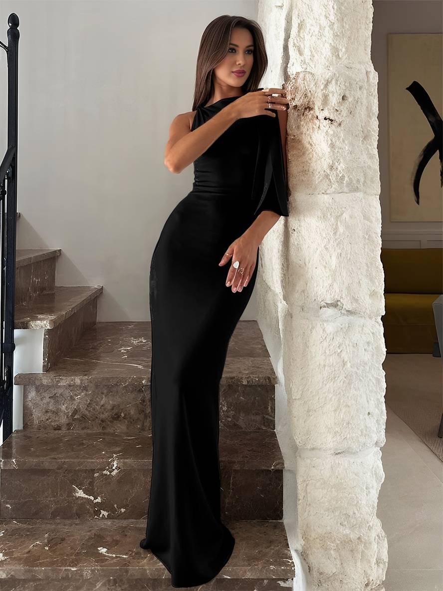 Momyraise Maxikleid Schlank Volltonfarb One Shoulder Ärmellos Elegant Mode Damen Abend Ausgehabend Kleid