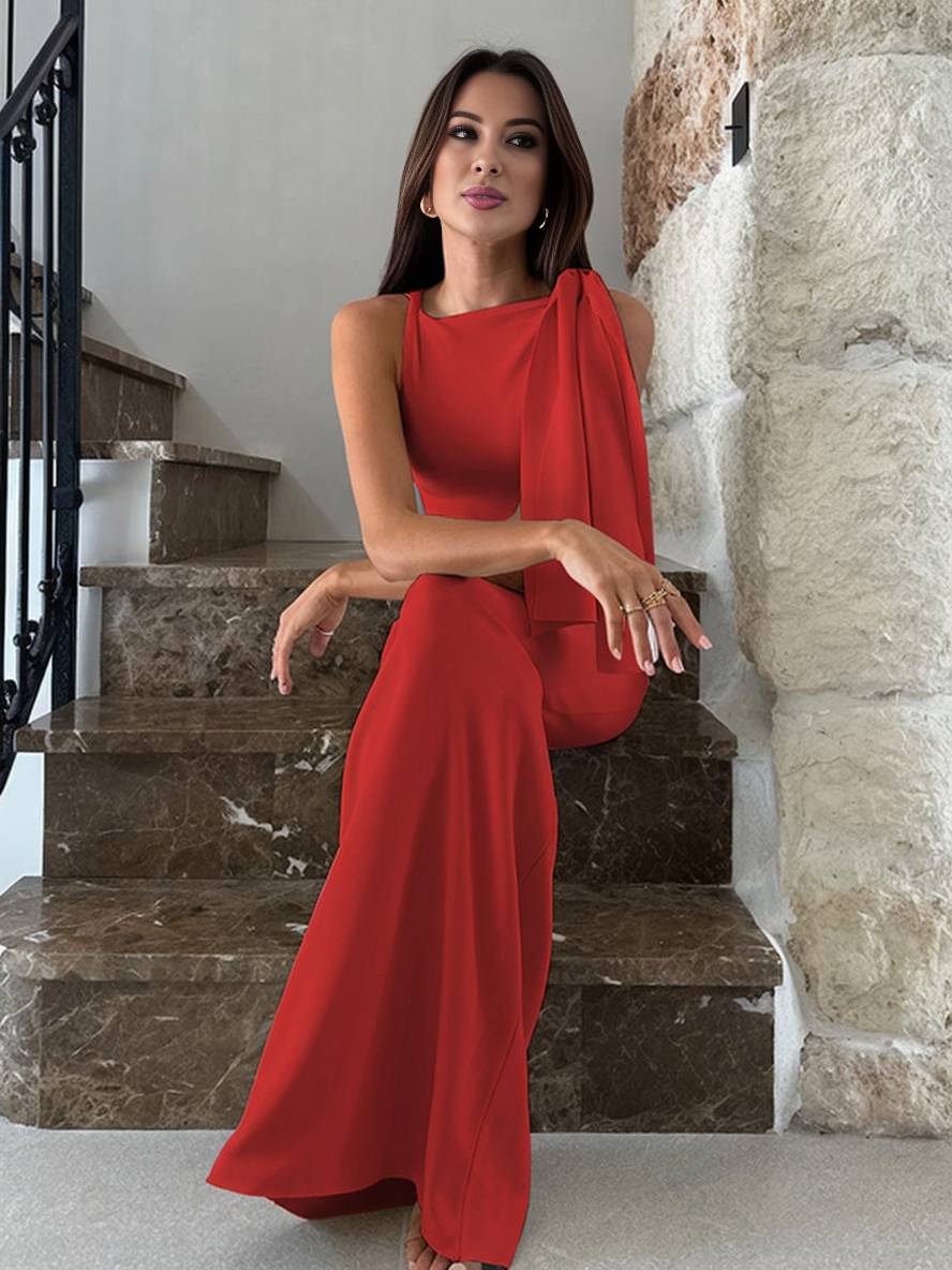 Momyraise Maxikleid Schlank Volltonfarb One Shoulder Ärmellos Elegant Mode Damen Abend Ausgehabend Kleid