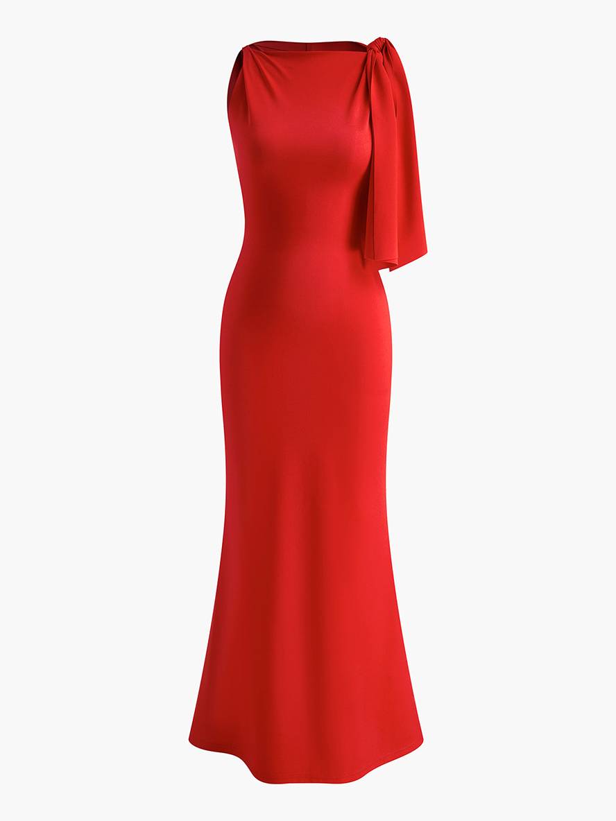 Momyraise Maxikleid Schlank Volltonfarb One Shoulder Ärmellos Elegant Mode Damen Abend Ausgehabend Kleid