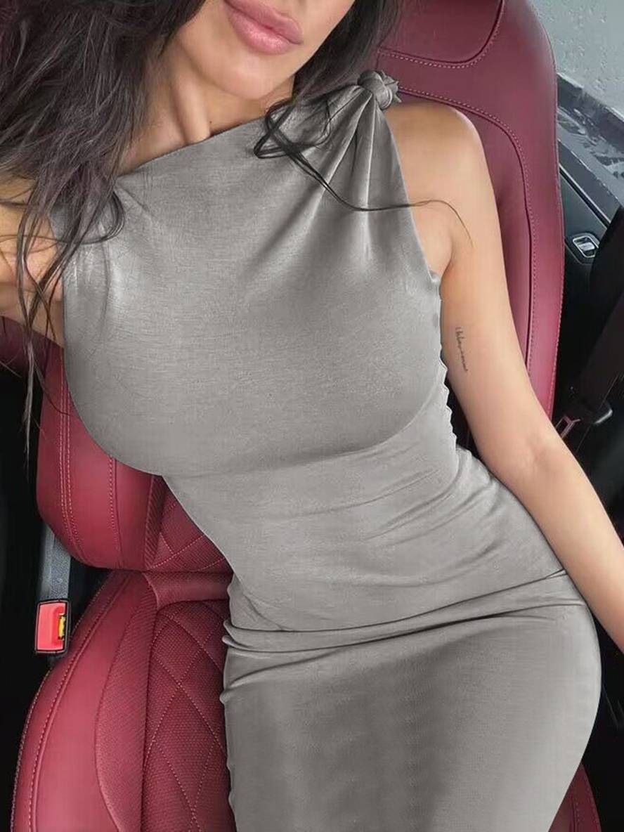 Momyraise Maxikleid Schlank Volltonfarb One Shoulder Ärmellos Elegant Mode Damen Abend Ausgehabend Kleid