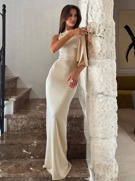 Momyraise Maxikleid Schlank Volltonfarb One Shoulder Ärmellos Elegant Mode Damen Abend Ausgehabend Kleid