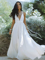 Momyraise Maxikleid Bindegürtel Rückenfrei V-Ausschnitt Halter-Ansatz Ärmellos Damen Boho Elegant Ferien Urlaub Kleid