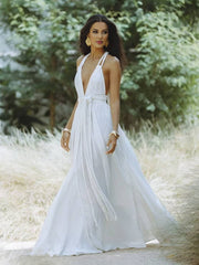 Momyraise Maxikleid Bindegürtel Rückenfrei V-Ausschnitt Halter-Ansatz Ärmellos Damen Boho Elegant Ferien Urlaub Kleid
