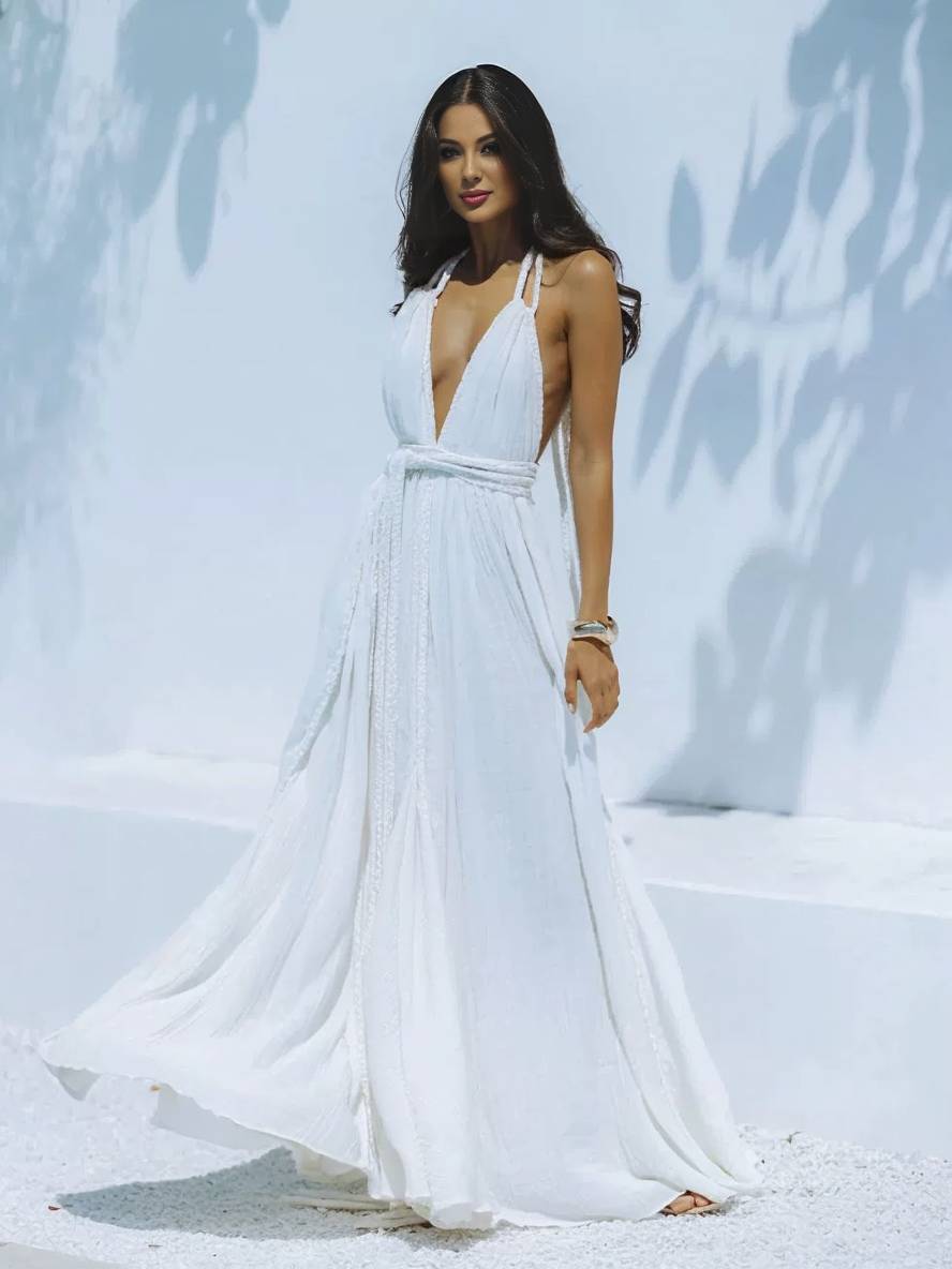 Momyraise Maxikleid Bindegürtel Rückenfrei V-Ausschnitt Halter-Ansatz Ärmellos Damen Boho Elegant Ferien Urlaub Kleid