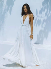Momyraise Maxikleid Bindegürtel Rückenfrei V-Ausschnitt Halter-Ansatz Ärmellos Damen Boho Elegant Ferien Urlaub Kleid