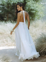 Momyraise Maxikleid Bindegürtel Rückenfrei V-Ausschnitt Halter-Ansatz Ärmellos Damen Boho Elegant Ferien Urlaub Kleid