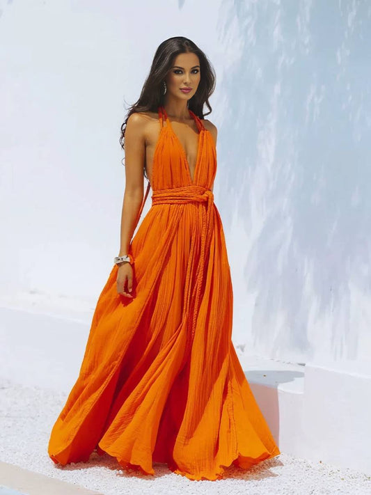 Momyraise Maxikleid Bindegürtel Rückenfrei V-Ausschnitt Halter-Ansatz Ärmellos Damen Boho Elegant Ferien Urlaub Kleid