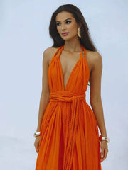 Momyraise Maxikleid Bindegürtel Rückenfrei V-Ausschnitt Halter-Ansatz Ärmellos Damen Boho Elegant Ferien Urlaub Kleid