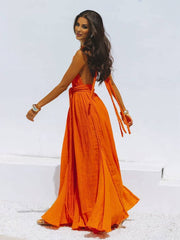 Momyraise Maxikleid Bindegürtel Rückenfrei V-Ausschnitt Halter-Ansatz Ärmellos Damen Boho Elegant Ferien Urlaub Kleid