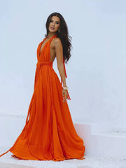Momyraise Maxikleid Bindegürtel Rückenfrei V-Ausschnitt Halter-Ansatz Ärmellos Damen Boho Elegant Ferien Urlaub Kleid