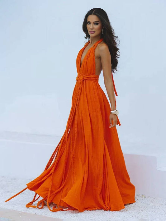 Momyraise Maxikleid Bindegürtel Rückenfrei V-Ausschnitt Halter-Ansatz Ärmellos Damen Boho Elegant Ferien Urlaub Kleid
