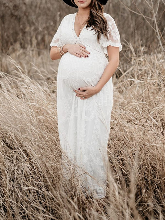 Momyraise Umstandskleider Fotoshootingkleid Spitze Mesh Wellensaum Babybauch Maxikleider