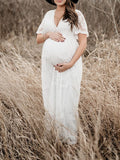 Momyraise Umstandskleider Fotoshootingkleid Spitze Mesh Wellensaum Babybauch Maxikleider