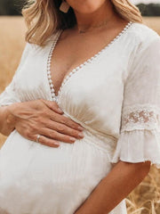 Momyraise Umstandskleider Spitze Plissee Pompon Mit Ausschnitt V-Ausschnitt Kurzärm Boho Für Schwangerschaft