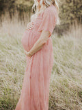 Momyraise Umstandskleider Spitzenkleid Kurzärm Fotoshooting Maxikleider Für Schwangere