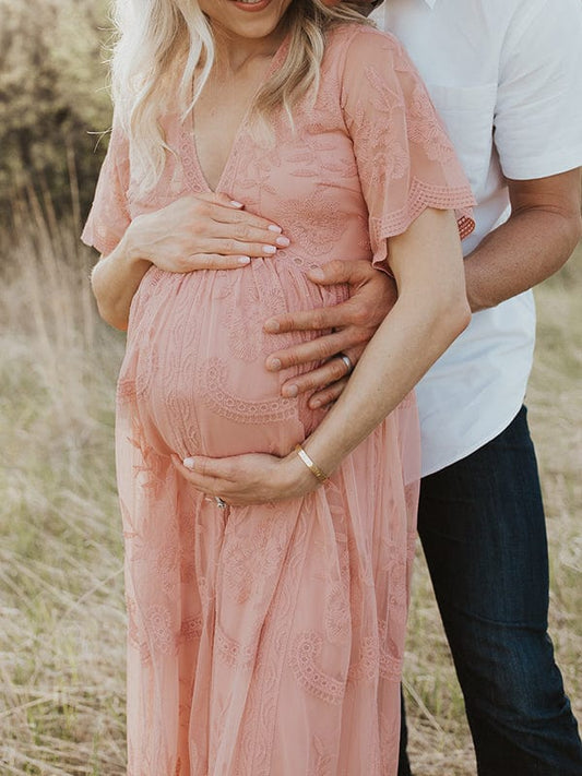 Momyraise Umstandskleider Spitzenkleid Kurzärm Fotoshooting Maxikleider Für Schwangere