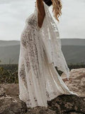 Momyraise Babybauch Shooting Kleid Spitze Gürtel Rückenfrei Tiefer V-Ausschnitt Geteilte Ärmel Langarm Elegant Boho Für Schwangerschaft