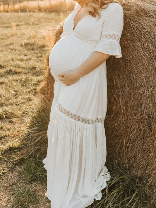 Momyraise Umstandskleider Spitze Rüschen V-Ausschnitt Kurzärm Elegant Boho Für Schwangerschaft Maxikleider