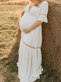 Momyraise Umstandskleider Spitze Rüschen V-Ausschnitt Kurzärm Elegant Boho Für Schwangerschaft Maxikleider