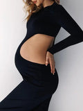 Momyraise Umstandskleider Enges Volltonfarbe Cut Out Rundhals Langarm Elegant Mode Für Schwangerschaft
