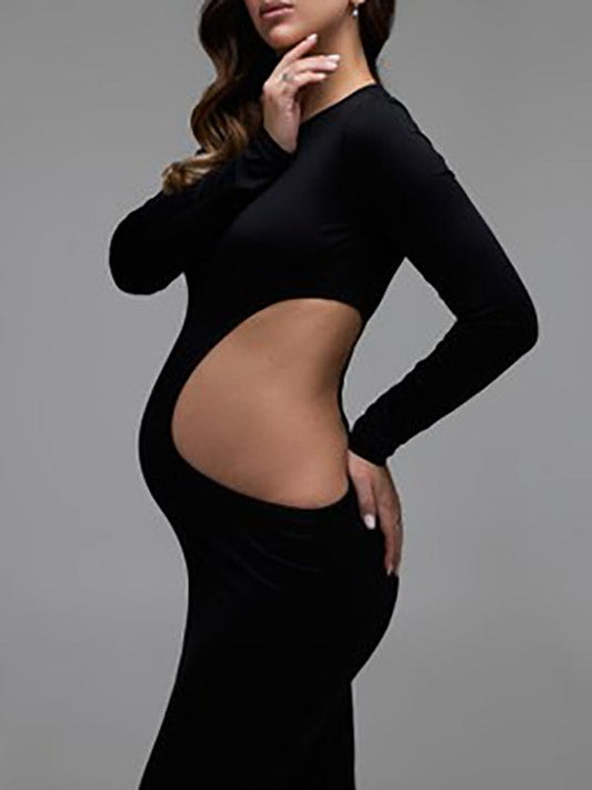 Momyraise Umstandskleider Enges Volltonfarbe Cut Out Rundhals Langarm Elegant Mode Für Schwangerschaft