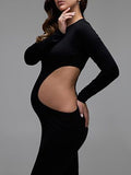 Momyraise Umstandskleider Enges Volltonfarbe Cut Out Rundhals Langarm Elegant Mode Für Schwangerschaft