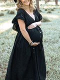 Momyraise Umstandskleider Schwarz Fotoshootingkleider Elegant Spitze Gürtel Schwangerschaft Maxikleider