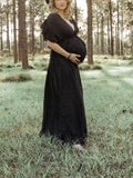 Momyraise Umstandskleider Schwarz Fotoshootingkleider Elegant Spitze Gürtel Schwangerschaft Maxikleider