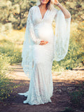 Momyraise Spitze Trompetenärmeln Meerjungfrau Schleppe Maxikleid Fotoshooting Umstandskleid