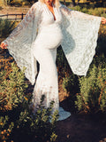 Momyraise Spitze Trompetenärmeln Meerjungfrau Schleppe Maxikleid Fotoshooting Umstandskleid