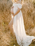 Momyraise Photoshoot Umstandskleider Chiffon Schlitz Drapiert Schulterfreie Boot-Ausschnitt Elegant Für Schwangerschaft Maxi Kleider
