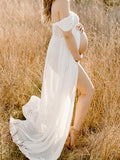 Momyraise Photoshoot Umstandskleider Chiffon Schlitz Drapiert Schulterfreie Boot-Ausschnitt Elegant Für Schwangerschaft Maxi Kleider