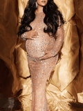 Momyraise Umstandskleider Mesh Schlitz Strass Rundhals Langarm Elegant Mode Babybauch Shooting Für Schwangerschaft