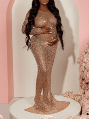Momyraise Umstandskleider Mesh Schlitz Strass Rundhals Langarm Elegant Mode Babybauch Shooting Für Schwangerschaft
