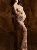 Momyraise Umstandskleider Mesh Schlitz Strass Rundhals Langarm Elegant Mode Babybauch Shooting Für Schwangerschaft