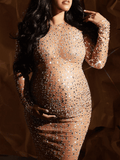 Momyraise Umstandskleider Mesh Schlitz Strass Rundhals Langarm Elegant Mode Babybauch Shooting Für Schwangerschaft
