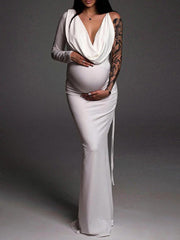 Momyraise Umstandskleider Enges Fischschwanz One Shoulder Tiefer V-Ausschnitt Keulenärmel Elegant Mode Abend Braut Babybauch Shooting