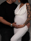 Momyraise Umstandskleider Enges Fischschwanz One Shoulder Tiefer V-Ausschnitt Keulenärmel Elegant Mode Abend Braut Babybauch Shooting