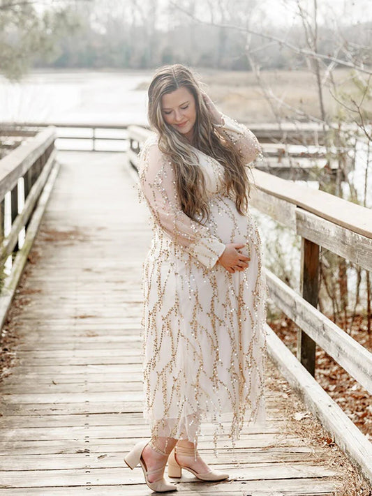 Momyraise Umstandskleider Fransen Pailletten Tiefe V Rückenfreies Bishop Ärmel Elegant Mode Fotoshooting Babybauch