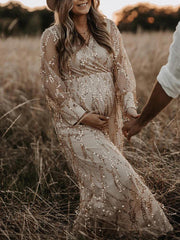 Momyraise Umstandskleider Fransen Pailletten Tiefe V Rückenfreies Bishop Ärmel Elegant Mode Fotoshooting Babybauch