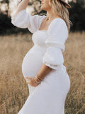 Momyraise Umstandskleider Geblümt Blümchen Chiffon Bandeau Quadratischem Kragen Langarm Täglich Süße Boho Beiläufige Fotoshooting