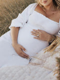 Momyraise Umstandskleider Geblümt Blümchen Chiffon Bandeau Quadratischem Kragen Langarm Täglich Süße Boho Beiläufige Fotoshooting
